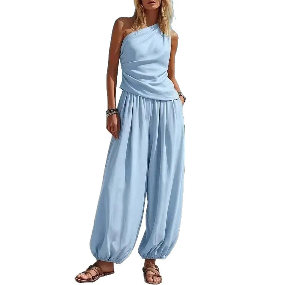 2 Piece Outfit, One Shoulder Ruched Tank Top and Loose Harem Pants Set