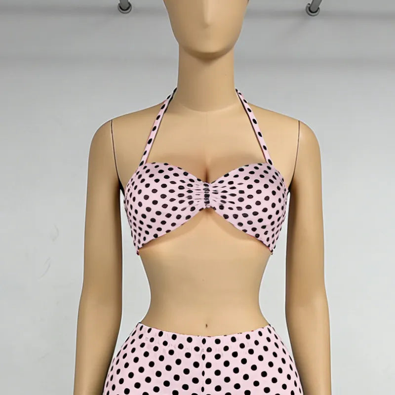 Polka Dot Halter Cutout Crop Top & Capri Pants Two Piece Set