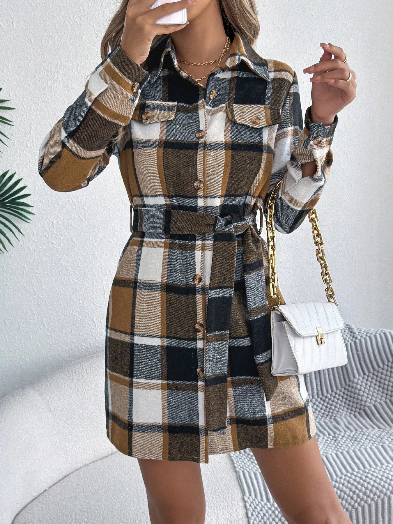 Plaid Long Sleeve Belted Shirt Mini Dress