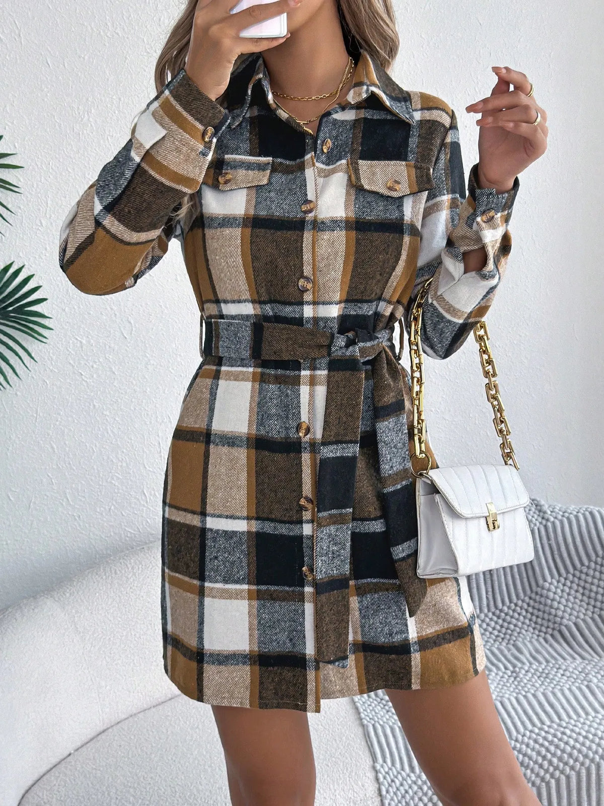 Plaid Long Sleeve Belted Shirt Mini Dress