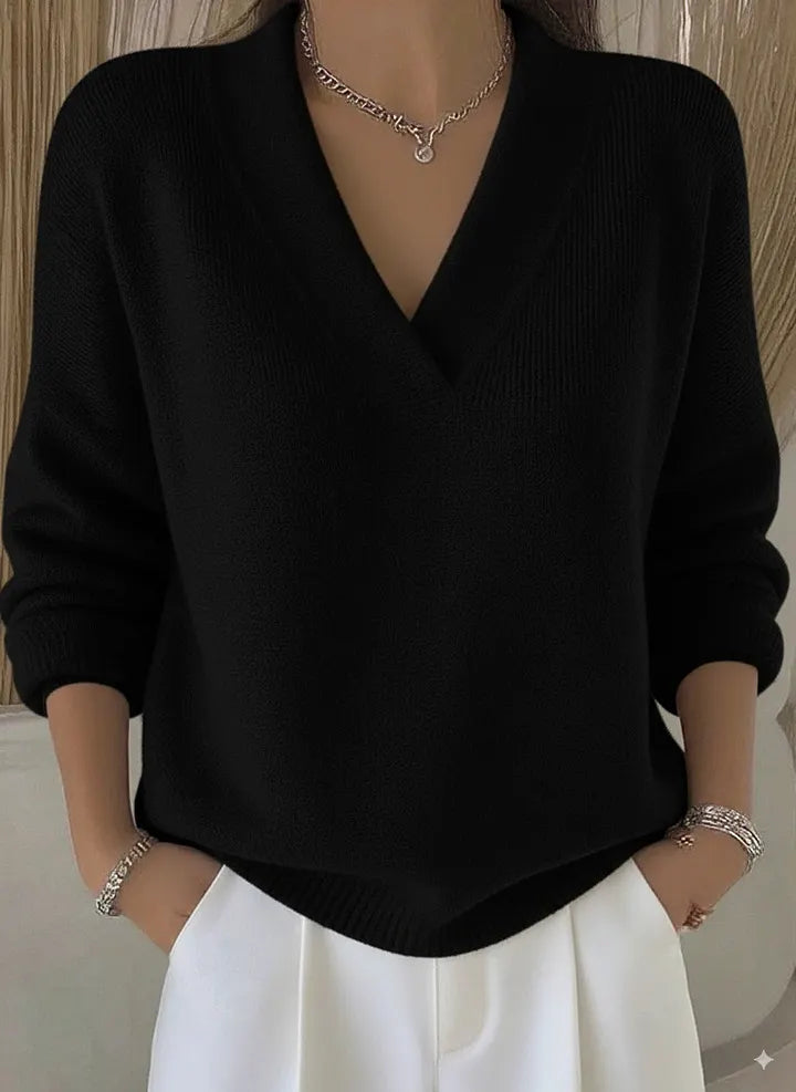 V Neck Solid Color Knit Pullover Sweater