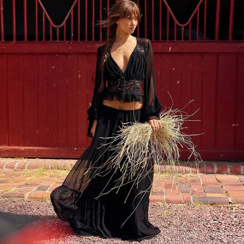 Matching Flowy Linen Look Lace Spliced V-Neck Long Sleeve Chiffon Tiered Skirt Two Piece Casual Daily Outfit Set