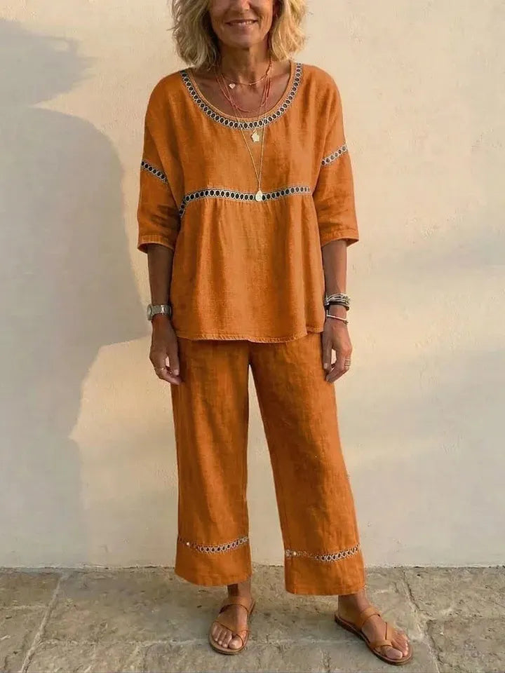 Linen Blend Eyelet 2-Piece Set, Round Neck Blouse and Wide Leg Pants