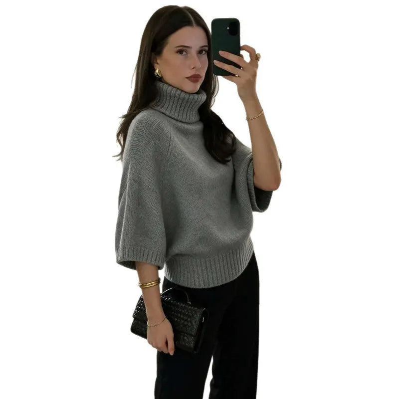 Oversized Chunky Knit Turtleneck Jumper Ladies Drop Shoulder Puff Sleeve Sweater, Long Sleeve / 5 Point Sleeve