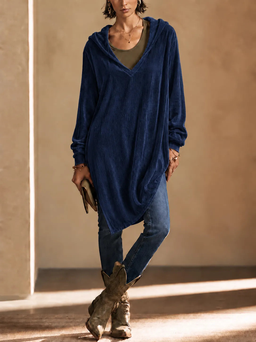 Loose Fit Corduroy V-Neck Hooded Long Sleeve Tunic Top