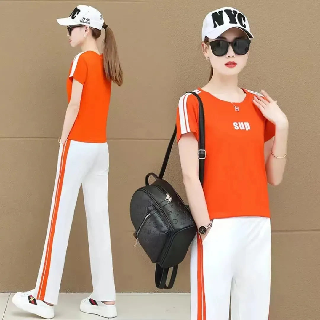 Printed Short-Sleeve Top & Striped Wide-Leg Pants Two-Piece Sports Set