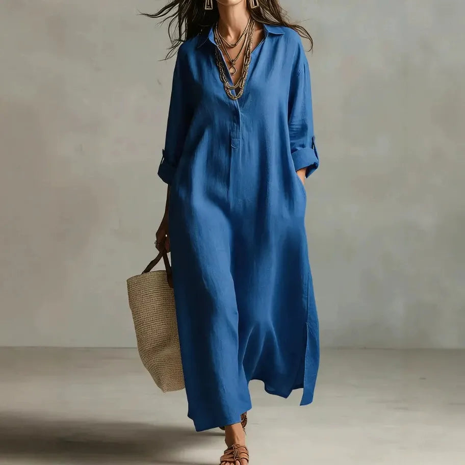 Shirt Collar Seven-Quarter Sleeve Loose Cotton Linen A-Line Maxi Shirt Dress