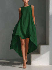 Round Neck Sleeveless High Low Linen Midi Dress