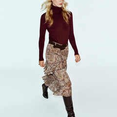 Paisley Print Ruffled Midi Skirt