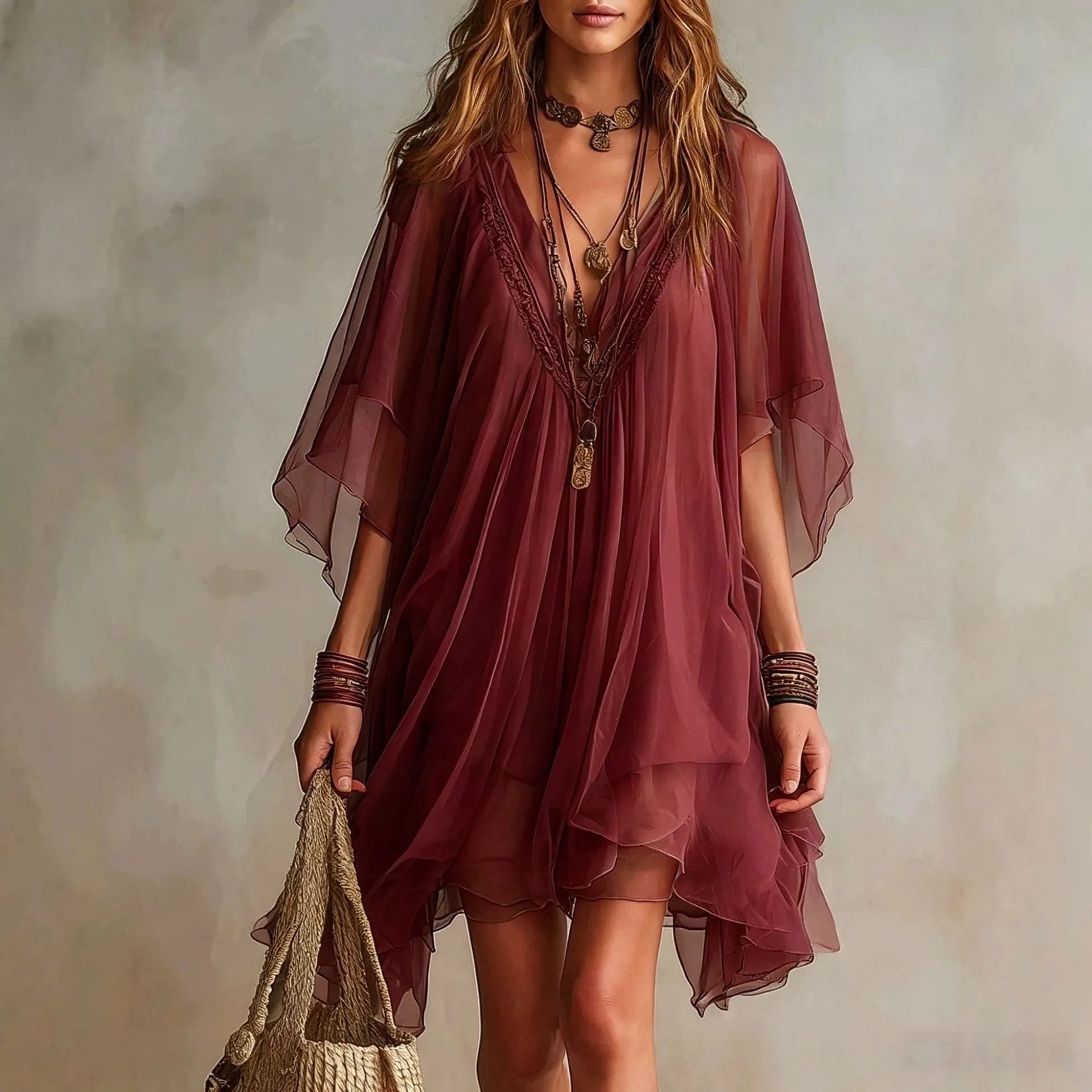 Deep V Neck Sheer Five-Quarter Sleeve Loose Irregular Hem Chiffon Mini Dress