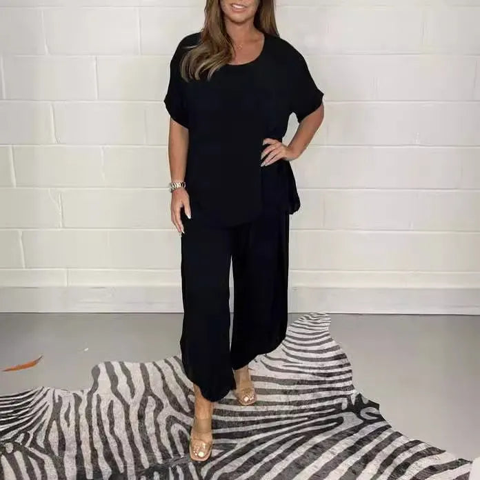 Solid Color Two-Piece Casual Loungewear Set (Top + Wide Leg Pants)