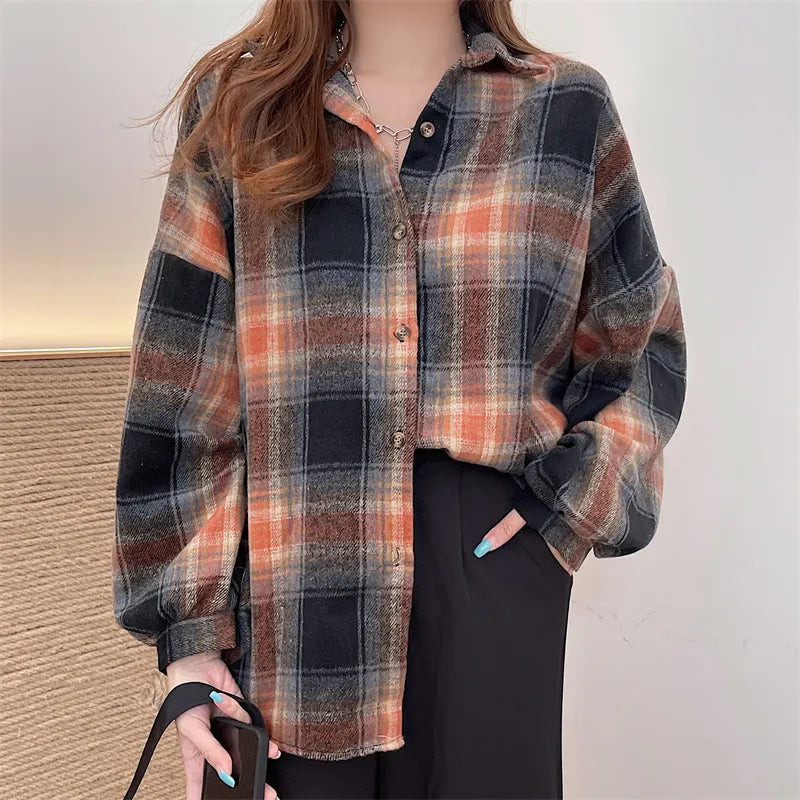 Fall Oversized Brown Black Plaid Shirt, Long Length Button Front Loose Fit Blouse
