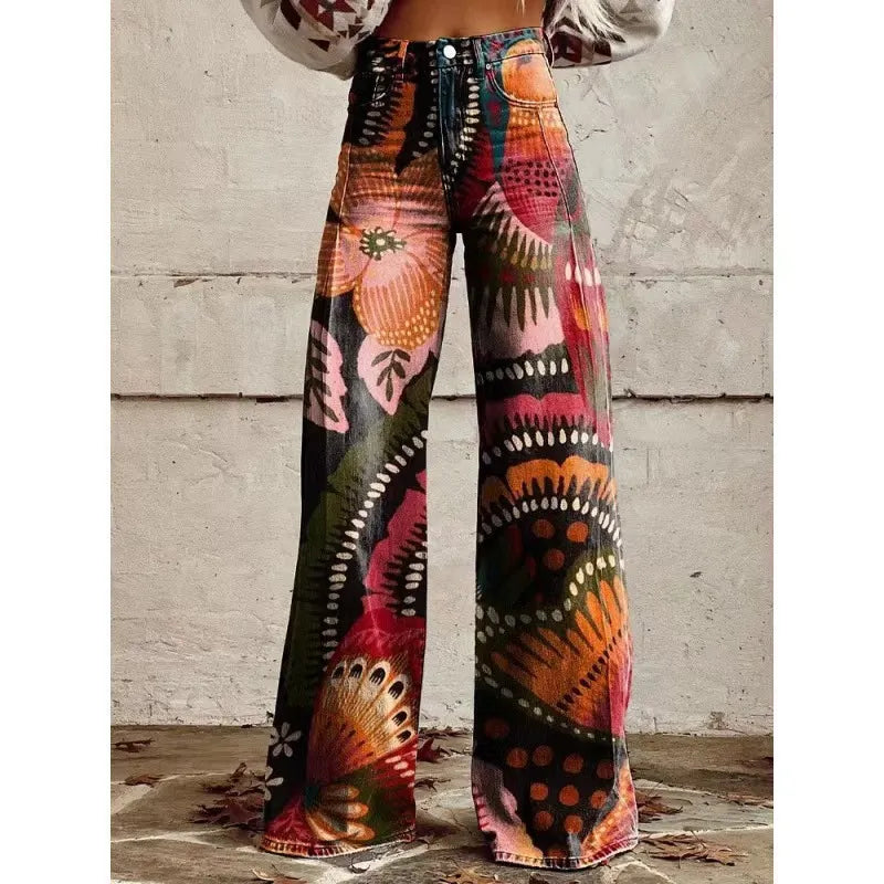 High Waist Western Cowboy Horse Print Wide Leg Pants