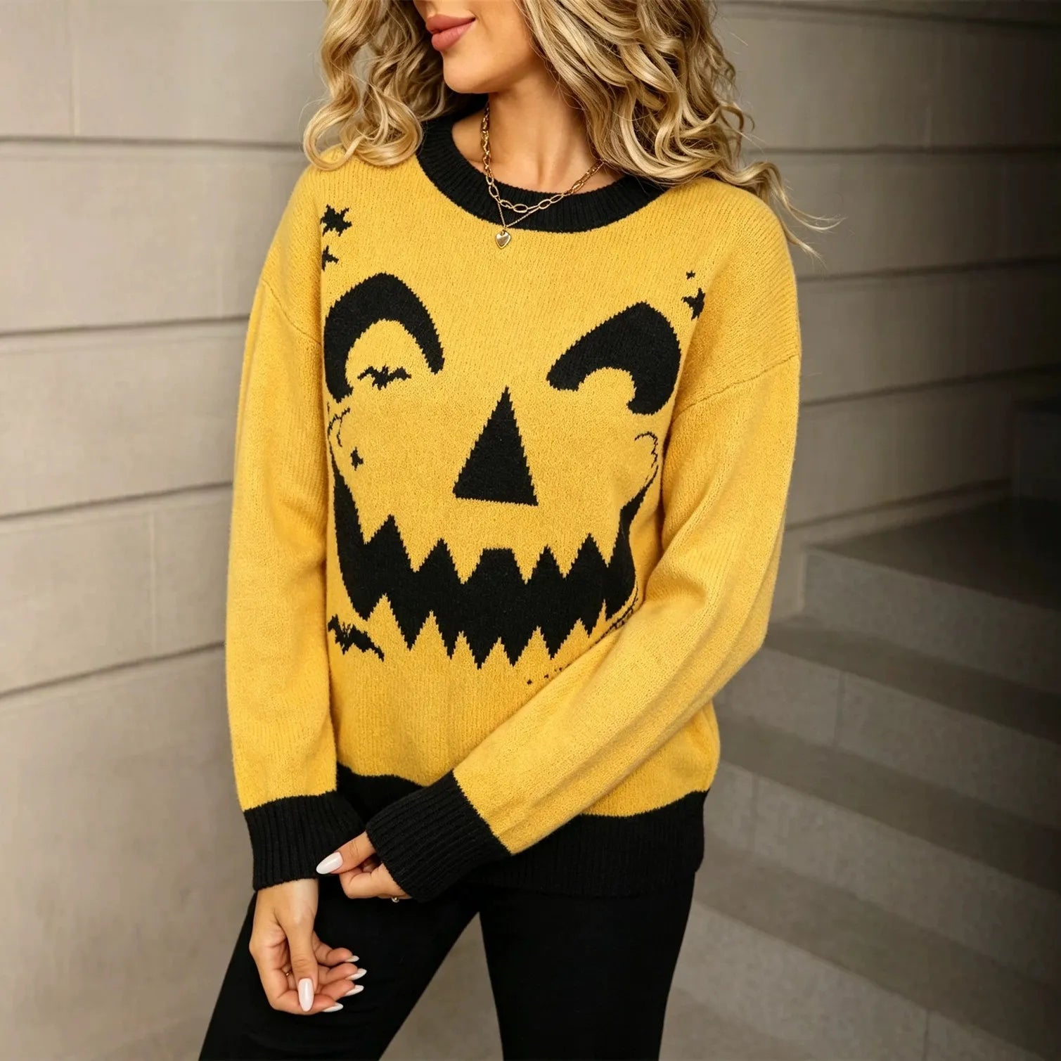 Halloween Pumpkin Face Crew Neck Sweater
