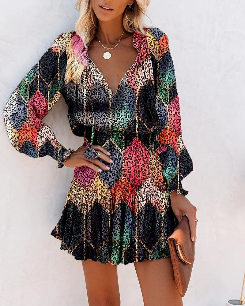 Red Leopard Print V-Neck Mini Dress - Long Sleeve Ruffle Hem Party Dress