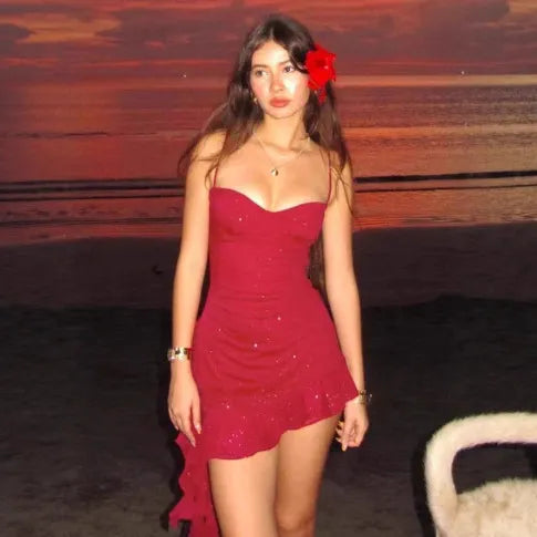 Glitter Ruched Ruffle Hem Spaghetti Strap Mini Dress