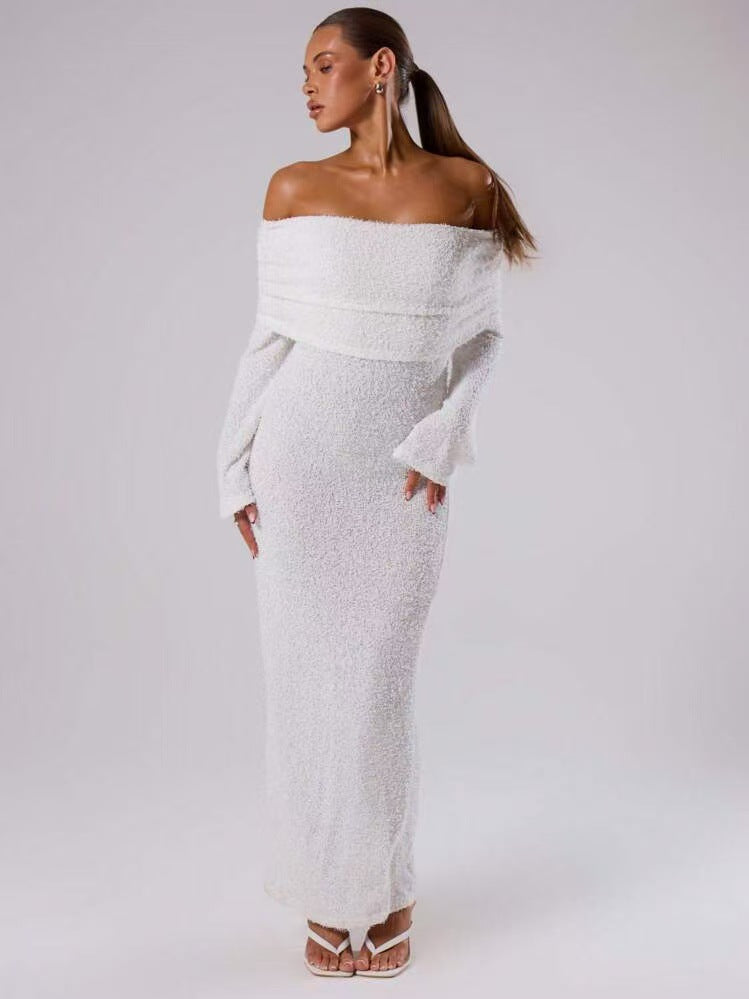 Pink Sequin Off-Shoulder Long Sleeve Midi Dress