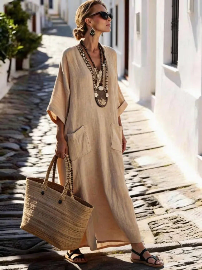 V Neck Seven-Quarter Sleeve Pocket Side Slit Loose Woven Maxi A-Line Dress