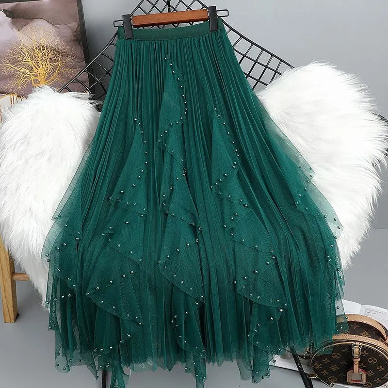 Pearl Beaded Asymmetrical Tulle Maxi Skirt