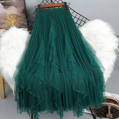 Pearl Beaded Asymmetrical Tulle Maxi Skirt
