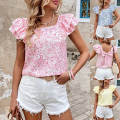 Floral Print Ruffle Sleeve Back Bow Blouse