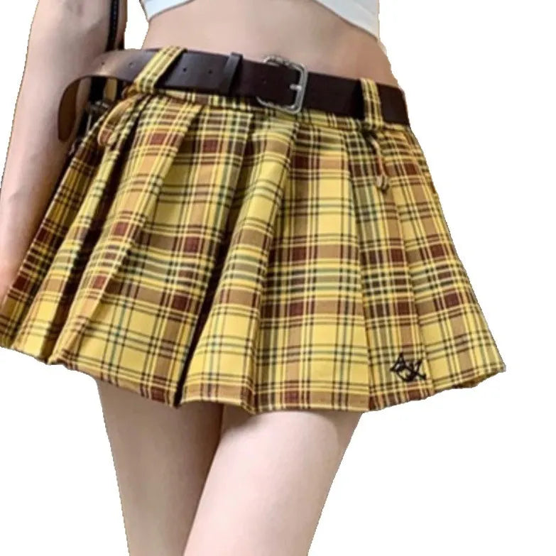 Classic Tartan Plaid Pleated Skirt Embroidery Detail High Waist Mini Skirt
