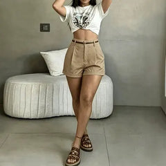 High Waist Solid Color Loose Wide Leg Casual Shorts