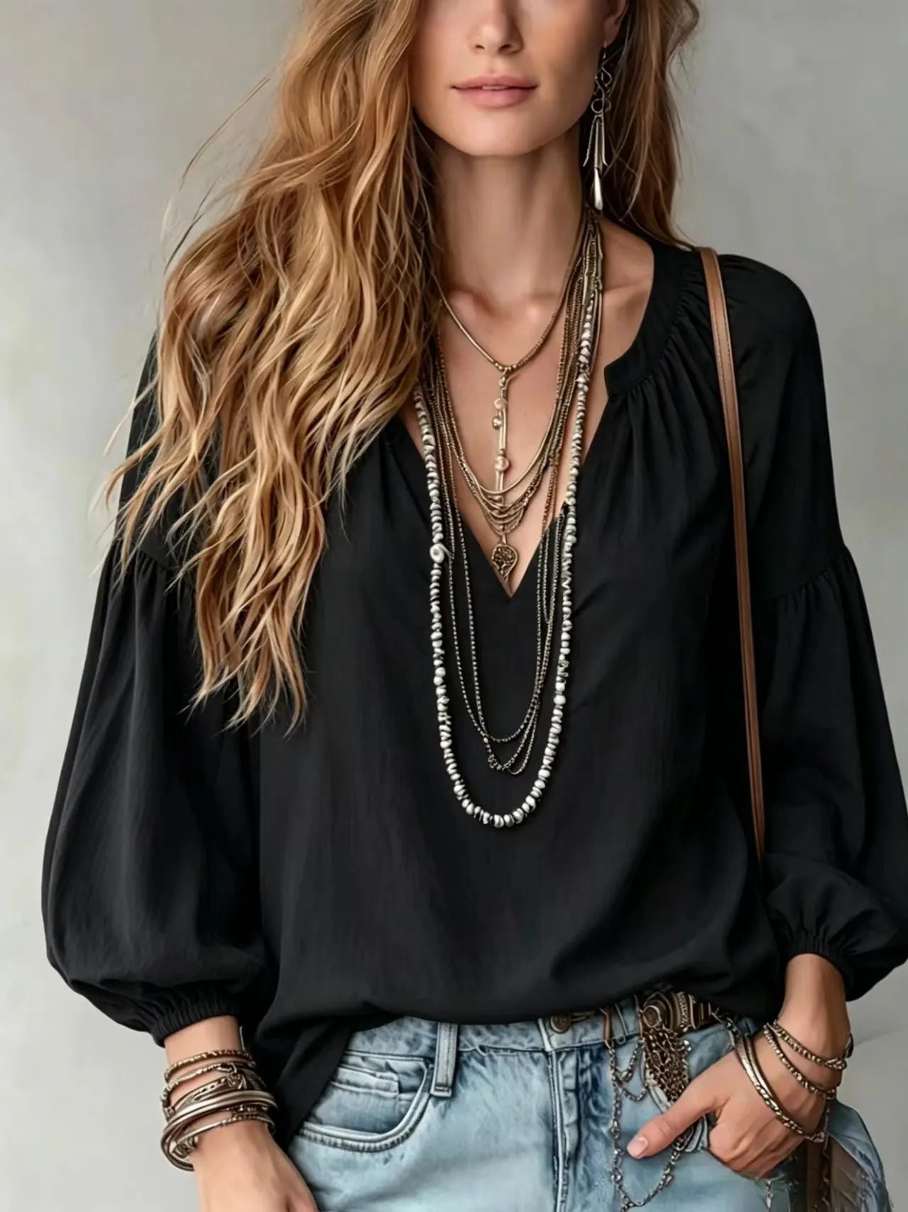 Notched V Neck Puff Sleeve Elastic Cuff Relaxed Fit Shirt