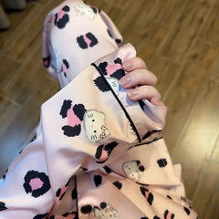 Cute Kitty Leopard Print Satin Ladies Sleepwear, 2 Piece Long Sleeve Top & Pants Pajamas
