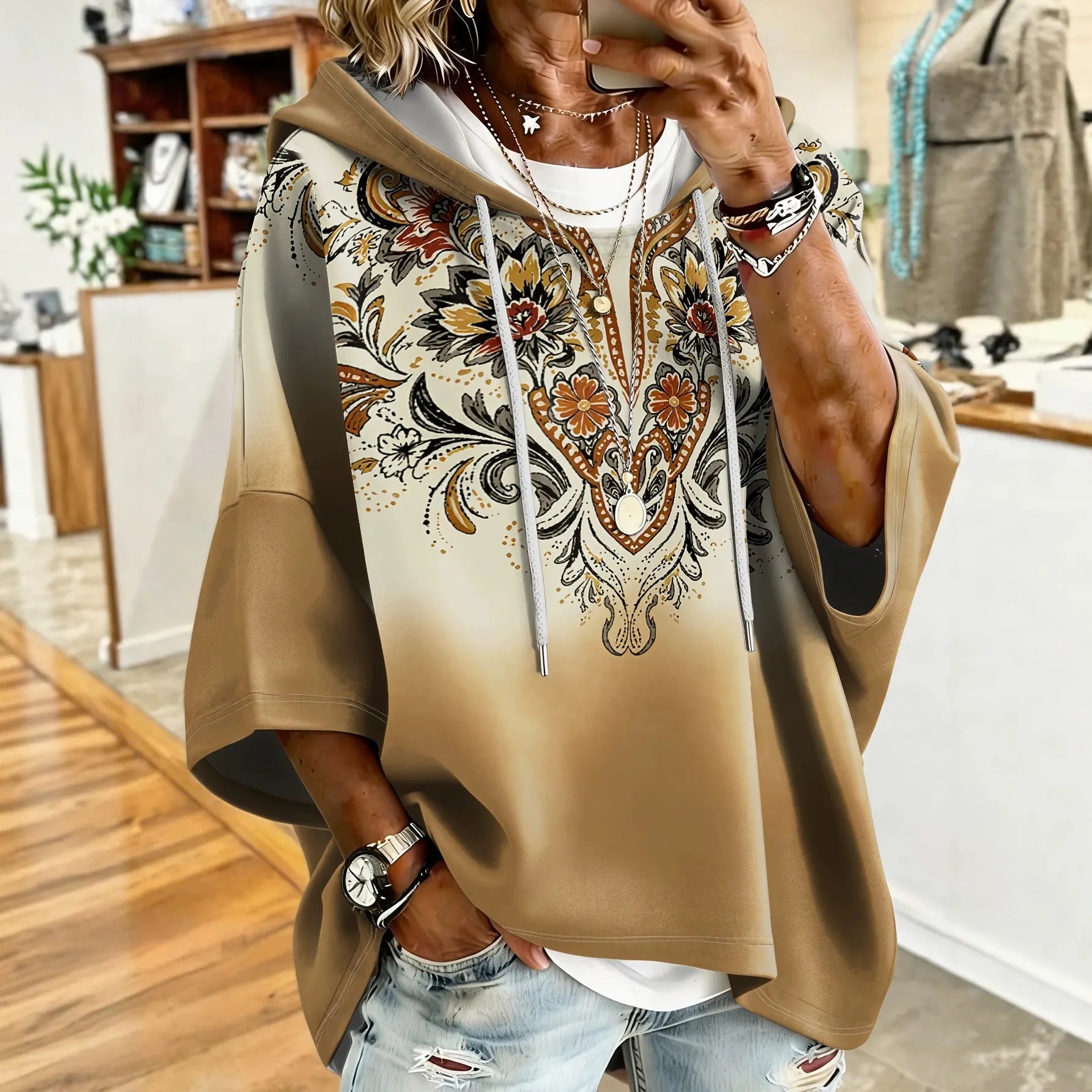 Vintage Floral 3D Print Hooded Seven‑Quarter Sleeve Sweatshirt