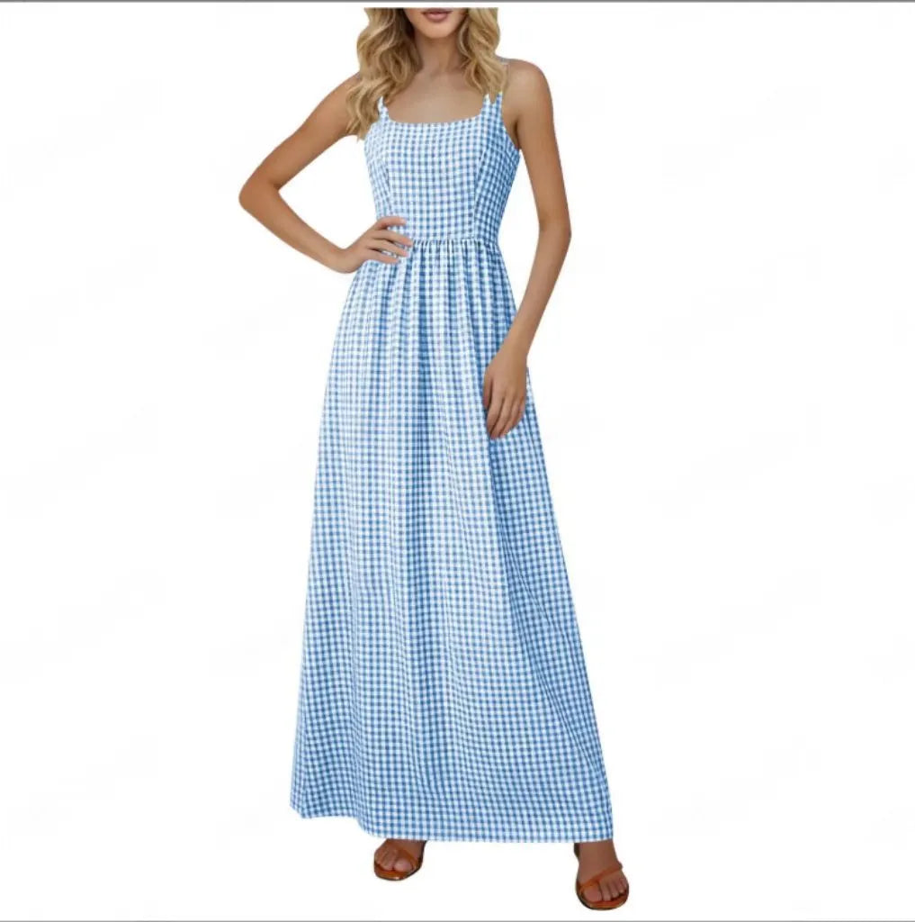 Square Neck Sleeveless Gingham Print Loose A-Line Maxi Dress