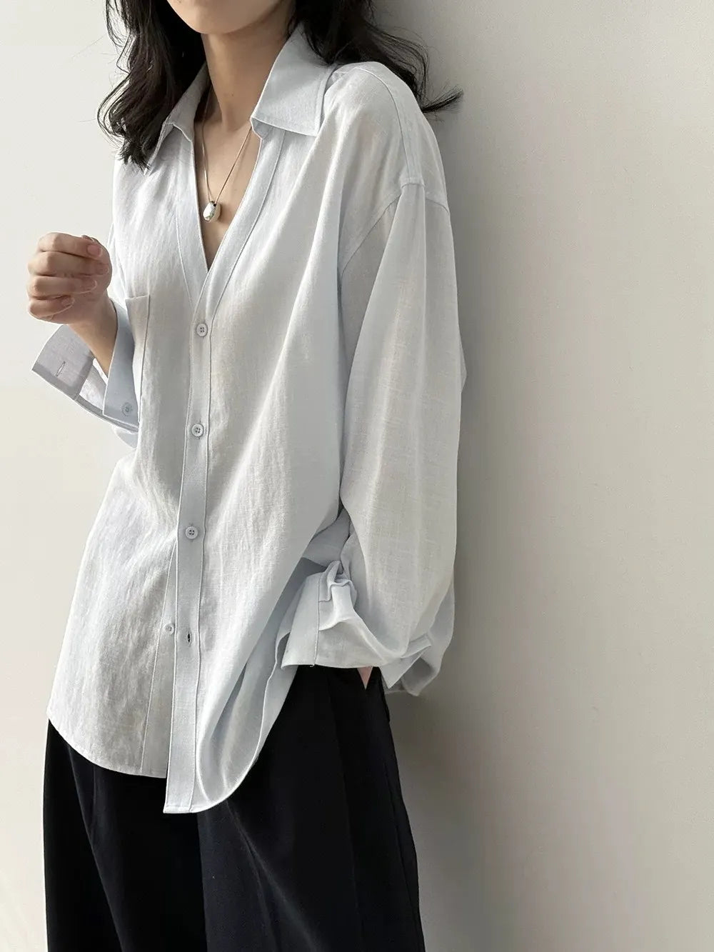 Tencel Pocket Oversized V Neck Shirt