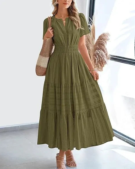 V-Neck Smocked Waist Tiered Maxi Dress