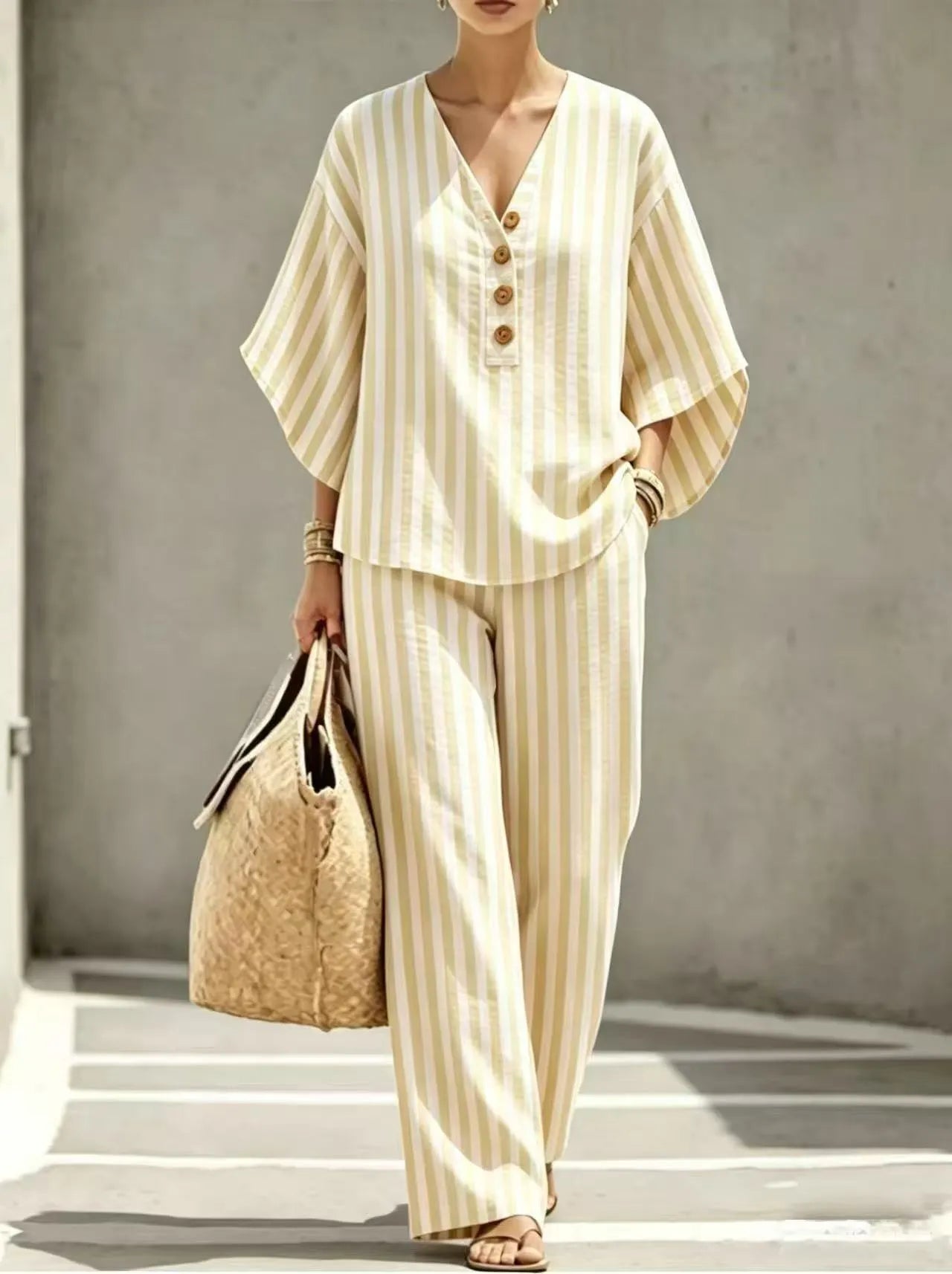 Vertical Stripe Half Button V Neck Top & Wide Leg Pants Two Piece Casual Set