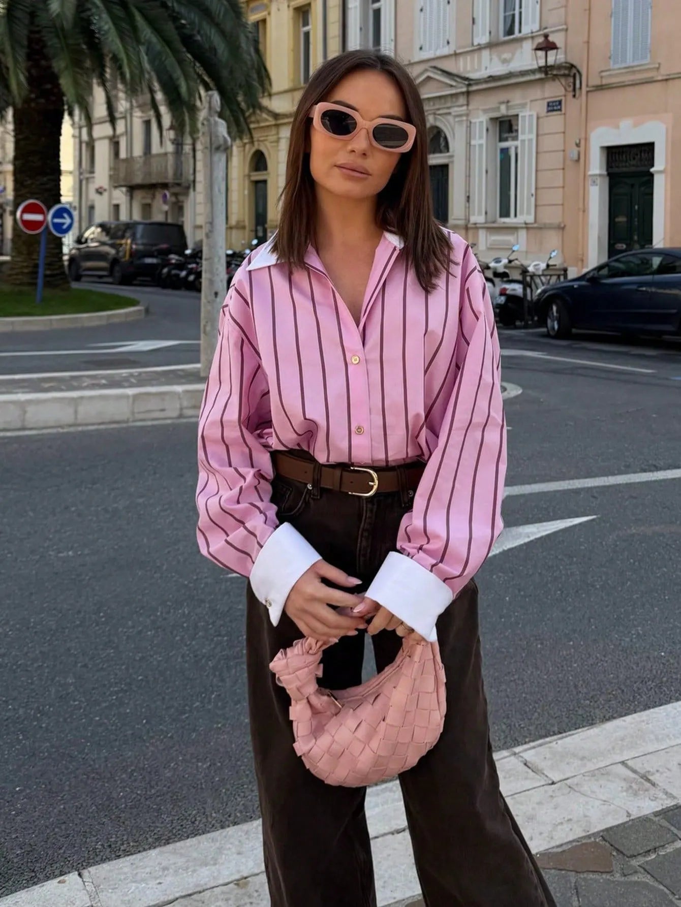 Contrast Lapel Cuff Vertical Stripe Loose Long Sleeve Button Down Shirt