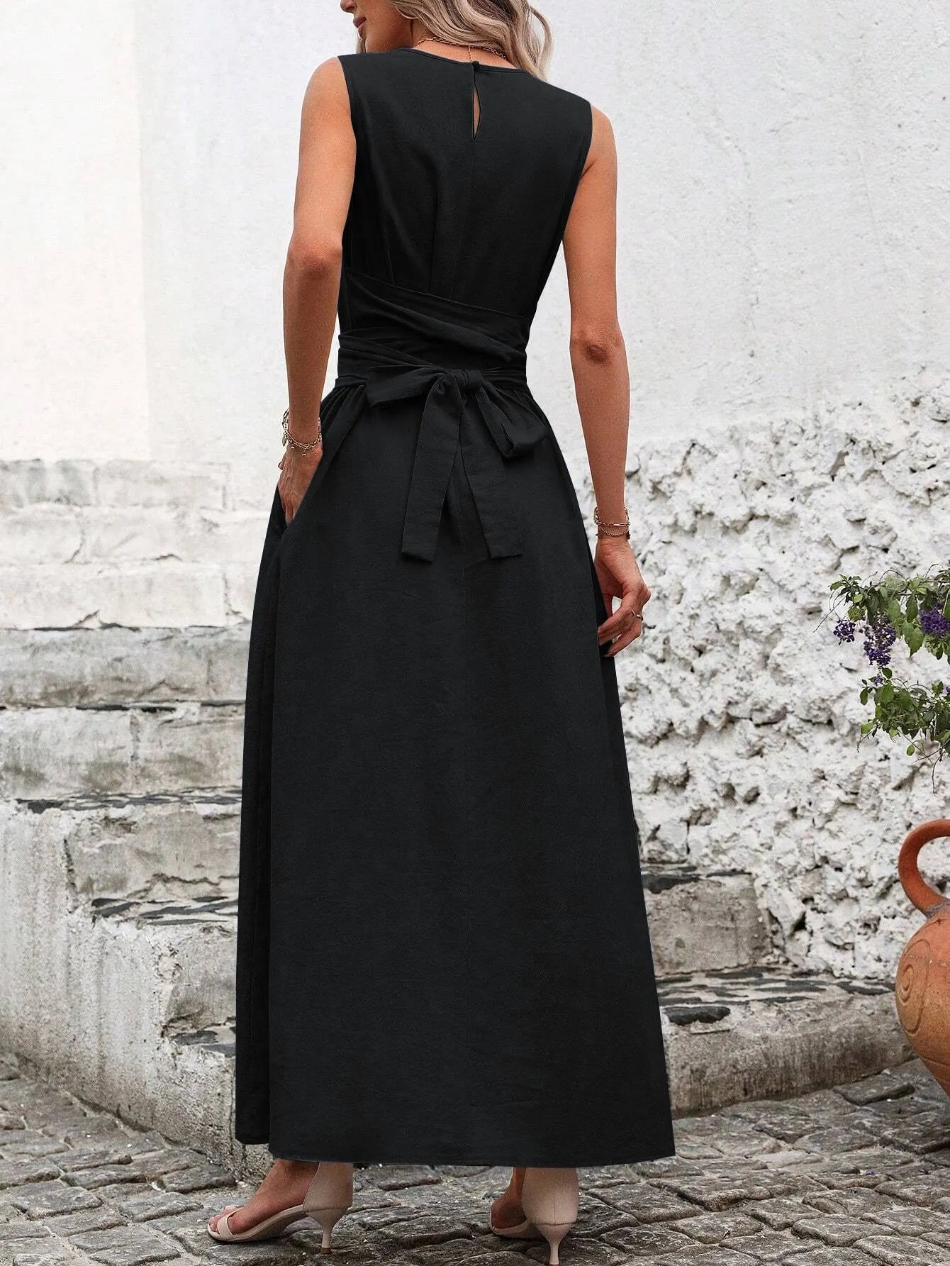 Sleeveless Round Neck Self Tie Waist Midi Dress