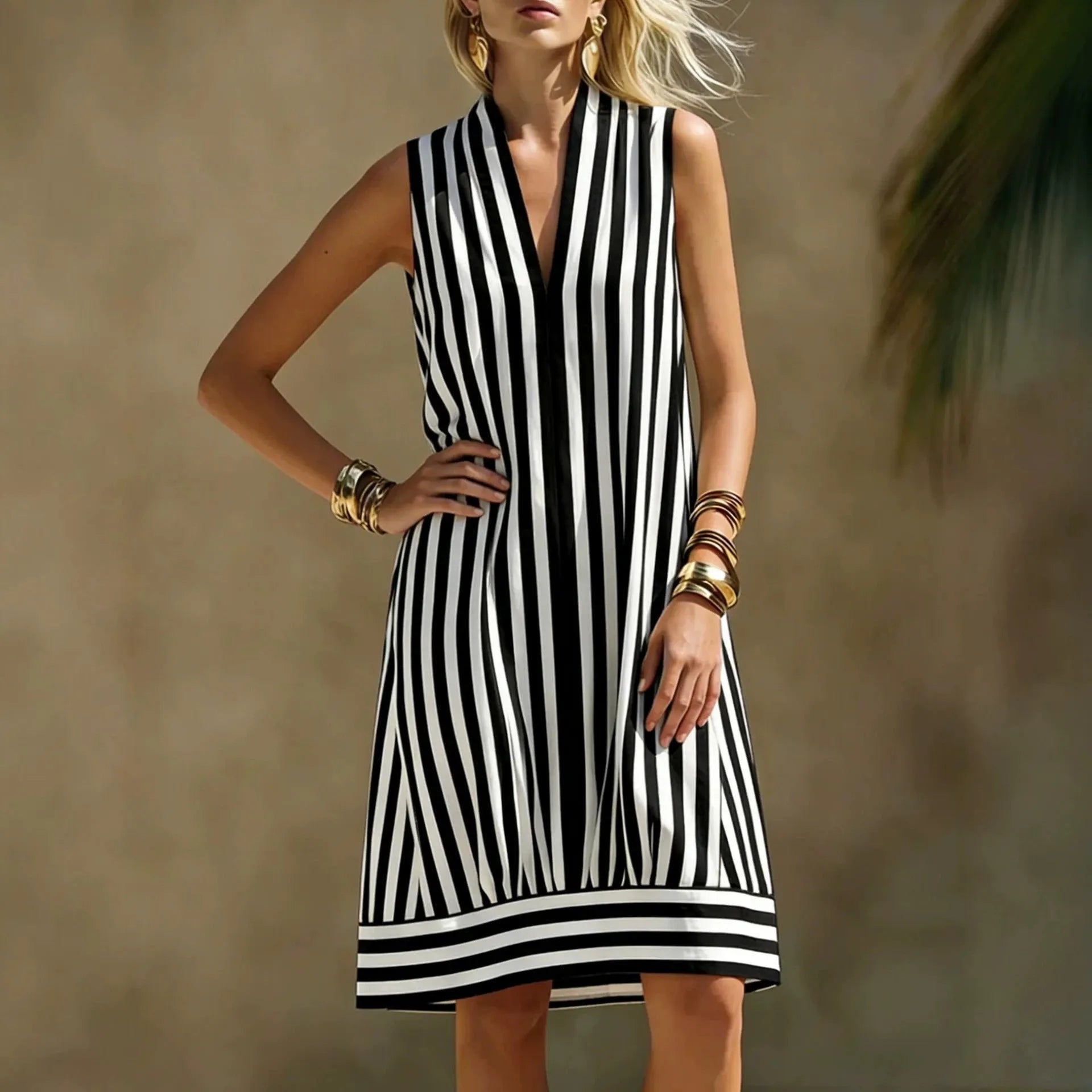 Sleeveless Stand Collar Half Placket Vertical Stripe Loose A-Line Midi Dress