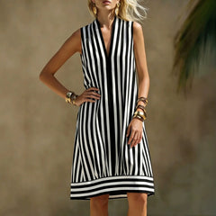 Sleeveless Stand Collar Half Placket Vertical Stripe Loose A-Line Midi Dress