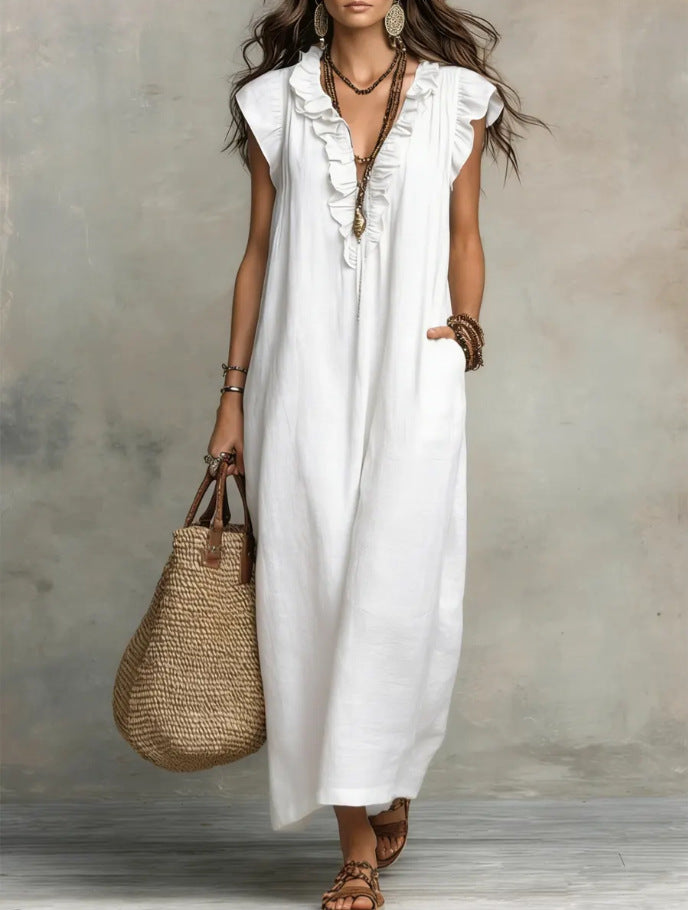 Ruffle-Trimmed Linen-Blend Maxi Dress