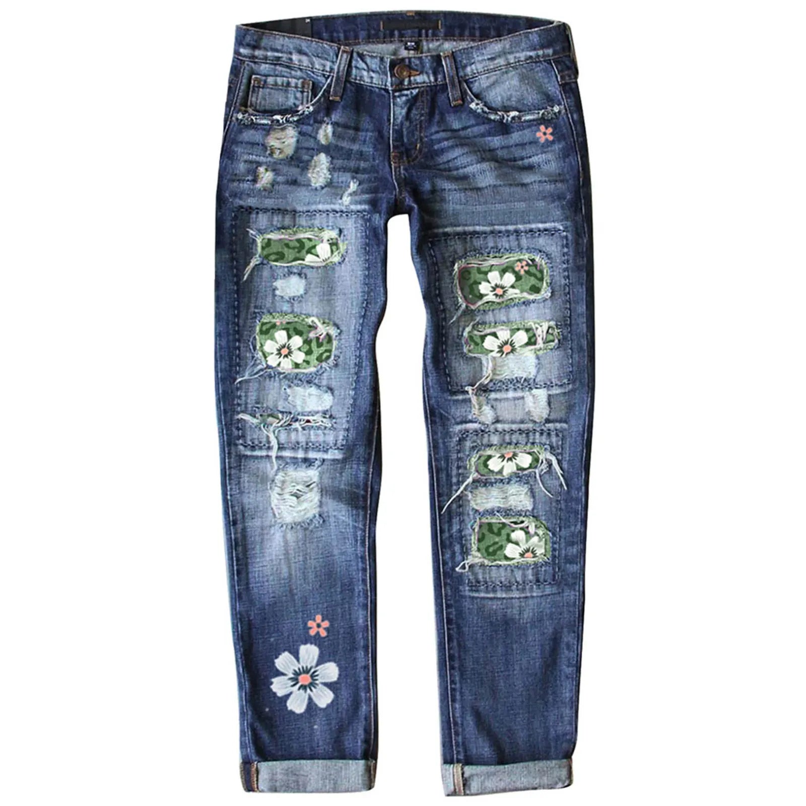 Womne's Sunflower Print Ripped Flare Jeans