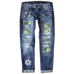 Womne's Sunflower Print Ripped Flare Jeans