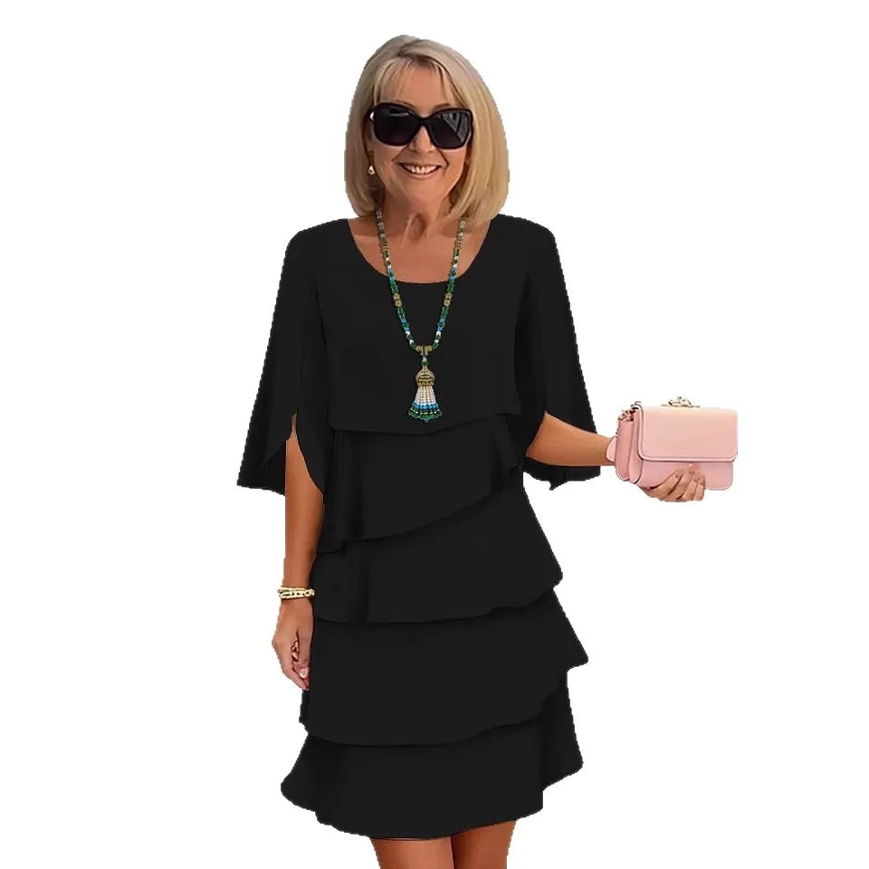 Round Neck Split Sleeve Tiered Ruffle Midi Dress