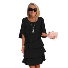 Round Neck Split Sleeve Tiered Ruffle Midi Dress