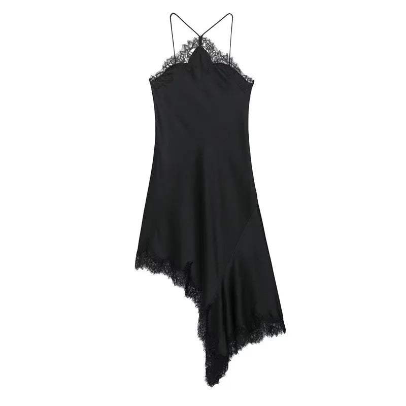 Solid Halter Cross Strap Lace Trim Open Back Irregular Midi Dress