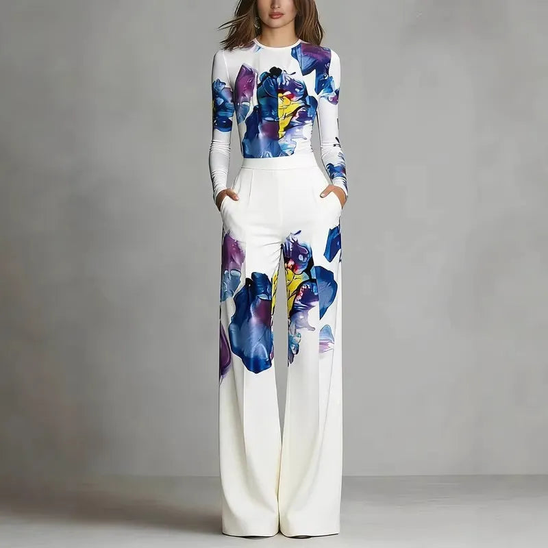 White Base Abstract Watercolor Floral Print High Waist Micro Stretch Straight Wide Leg Long Casual Pants