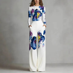 White Base Abstract Watercolor Floral Print High Waist Micro Stretch Straight Wide Leg Long Casual Pants