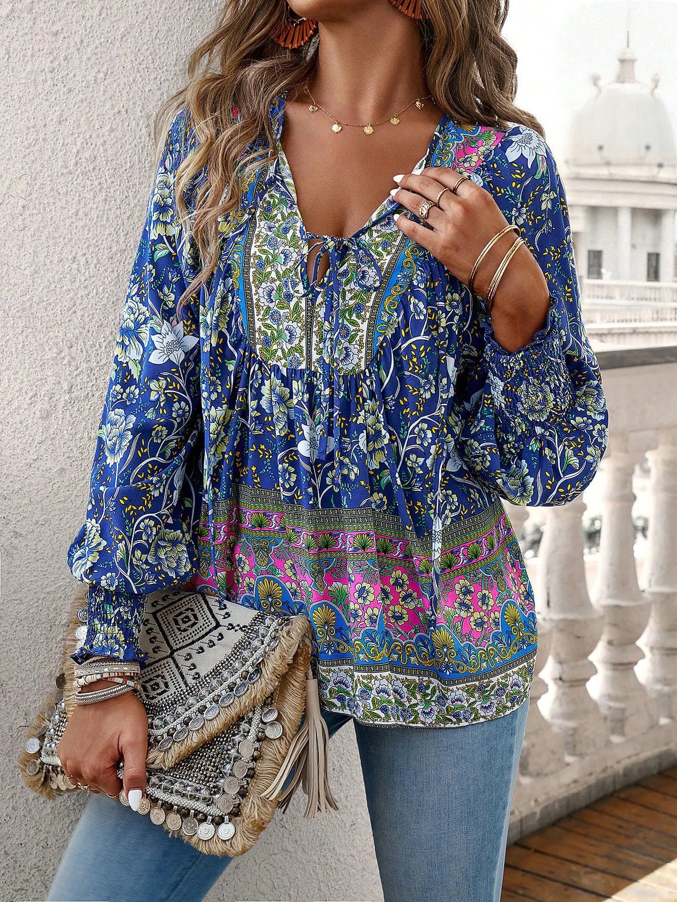 Boho Floral V-Neck Long Sleeve Loose Blouse