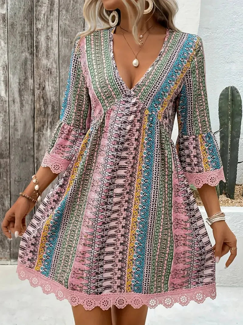 Boho V Neck Lace Trim Floral Print Short Dress