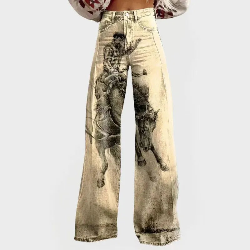 High Waist Western Cowboy Horse Print Wide Leg Pants