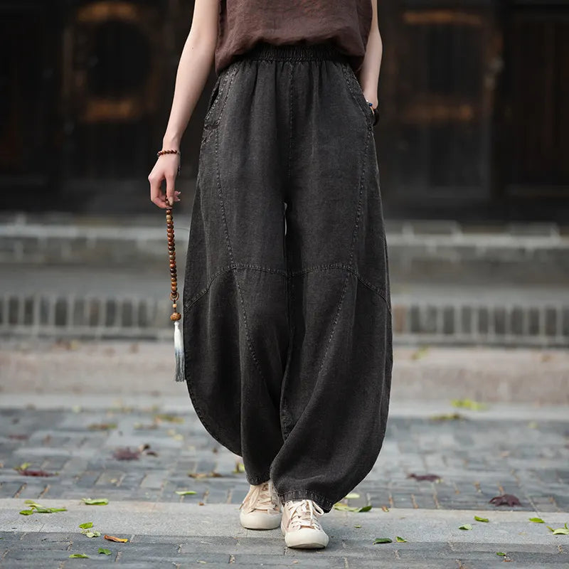 Matching Flowy Linen Elastic Drawstring Waist Spliced Retro Zen Loose Harem Long Casual Daily Outfit Pants